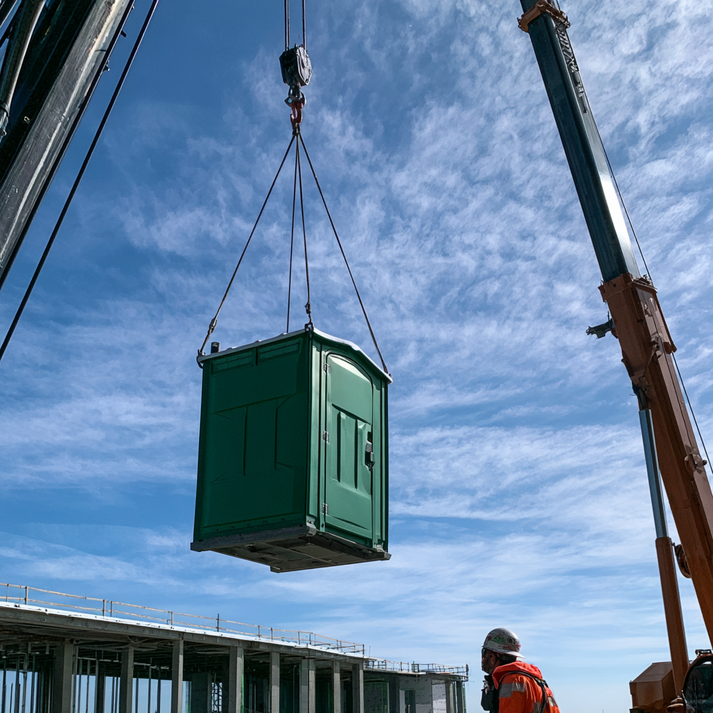 A porta potty being hoisted into onto the top of a building
