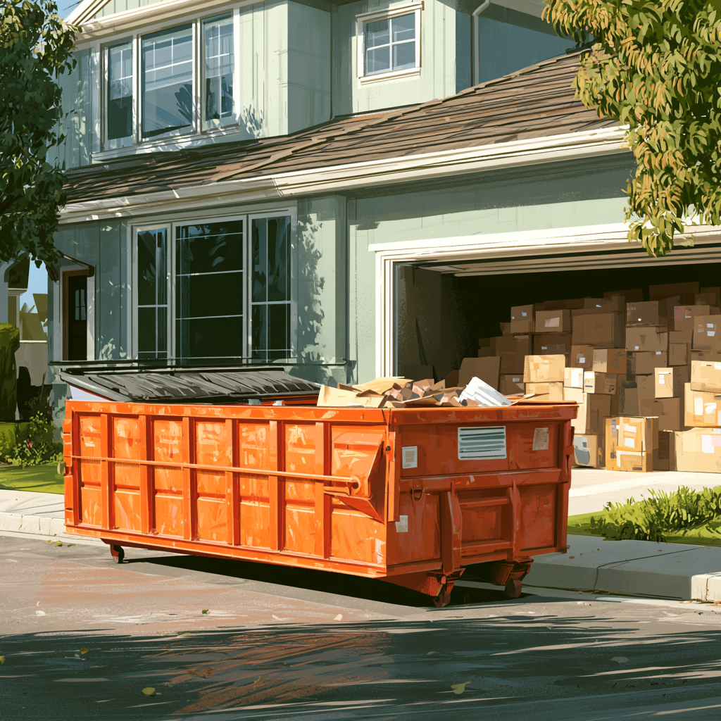 20-yard dumpster in the street outside of a house