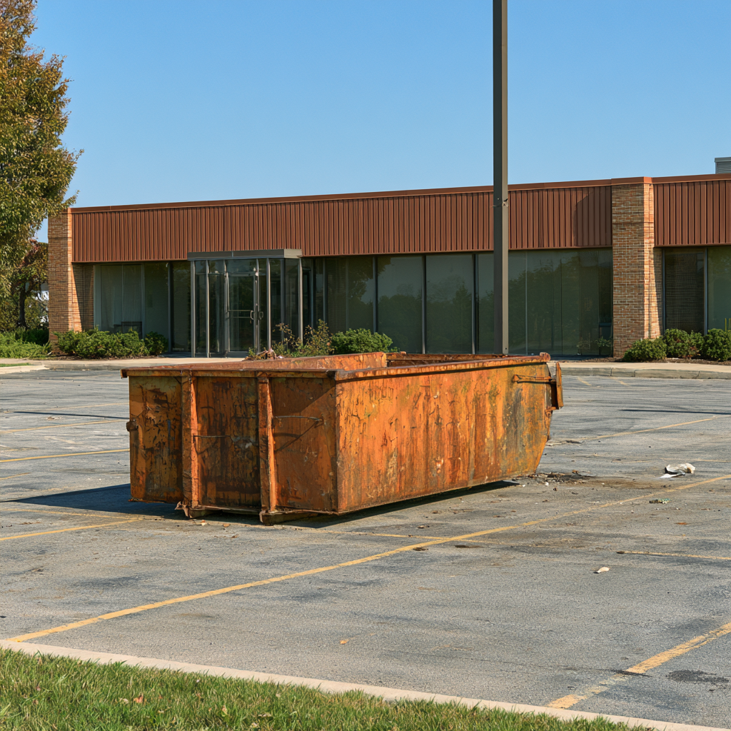 A 20-yard dumpster in a parking lot outside of an office building