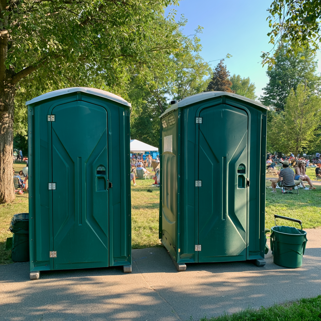 Two standard porta potties in front of a public park
