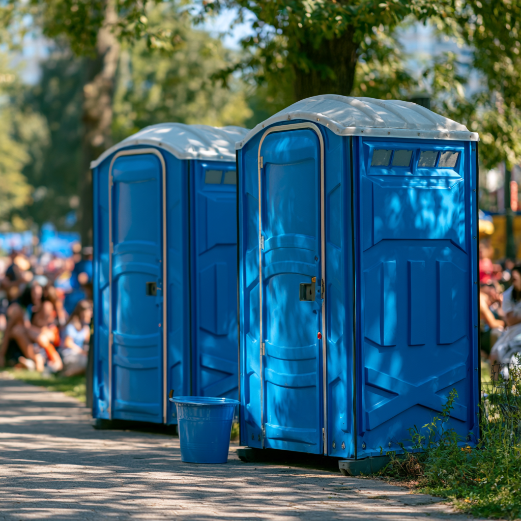 Two blue porta potties at an outdoor festival