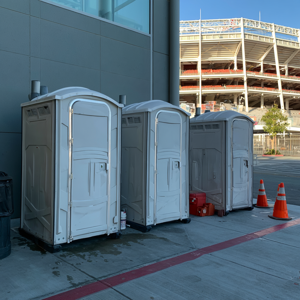 Three standard porta potties near a stadium
