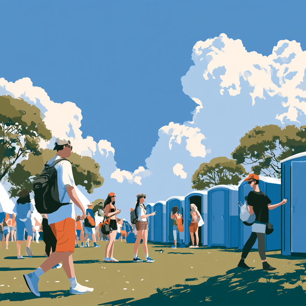 People using porta potties at an outdoor music festival