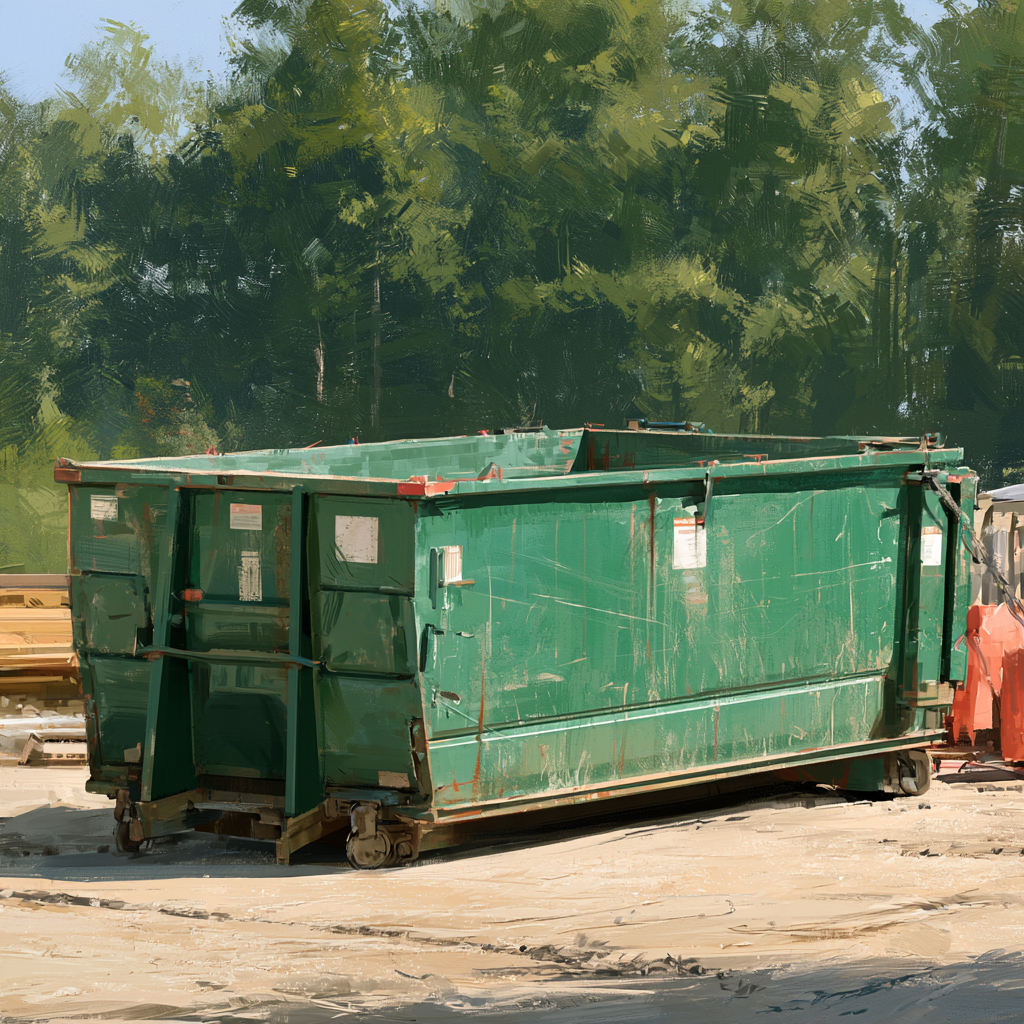 A 20-yard dumpster in a construction field
