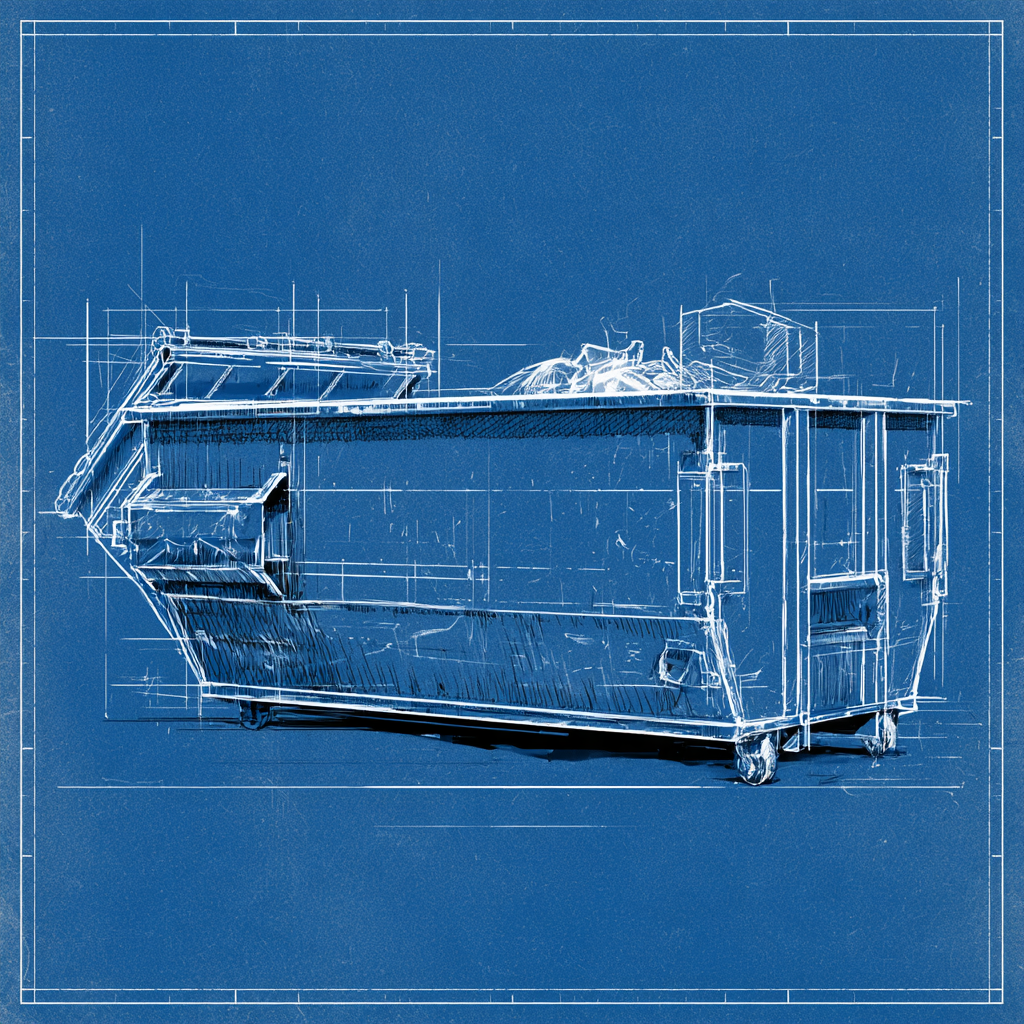 A blueprint of a roll-off dumpster