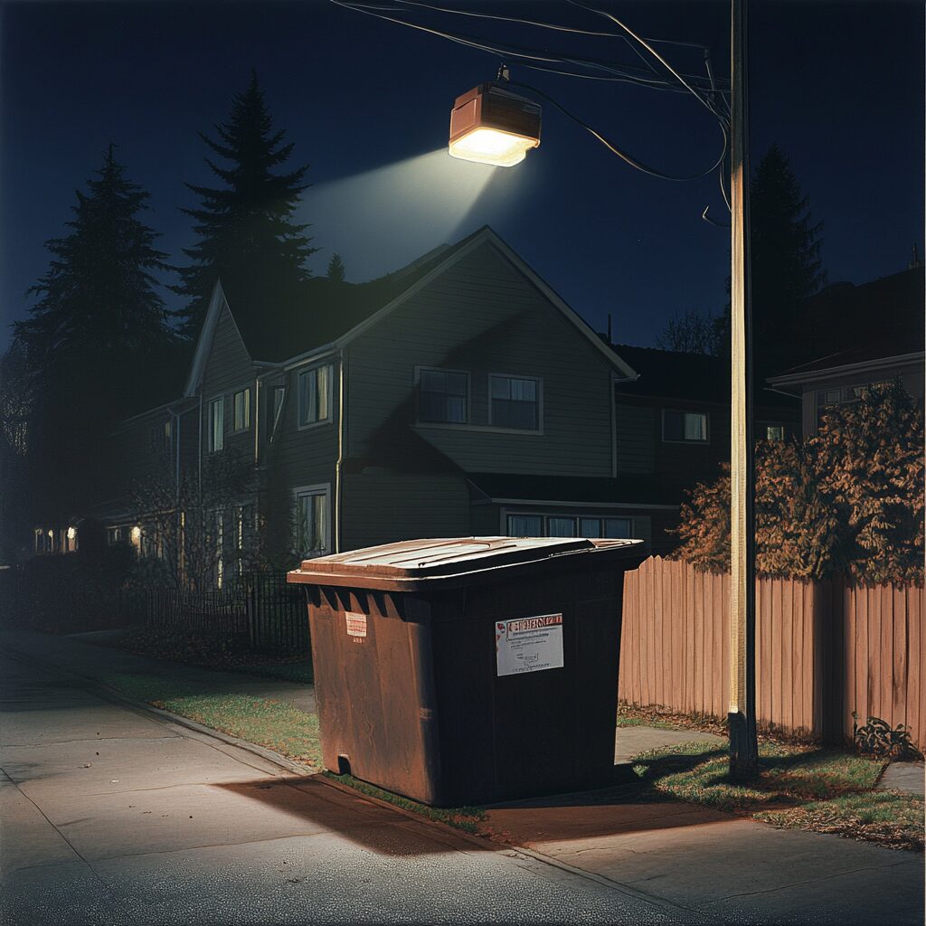 Motion sensor lights help secure residential dumpsters.