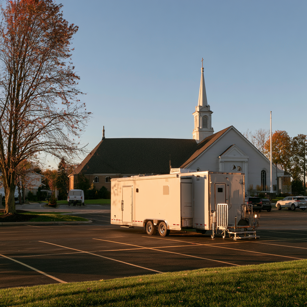 luxury restroom trailer outside of a church wedding