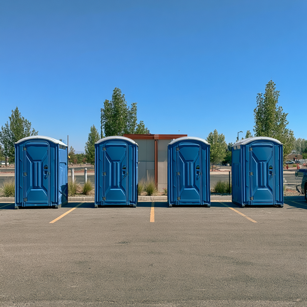 Four standard porta potties in a parking lot