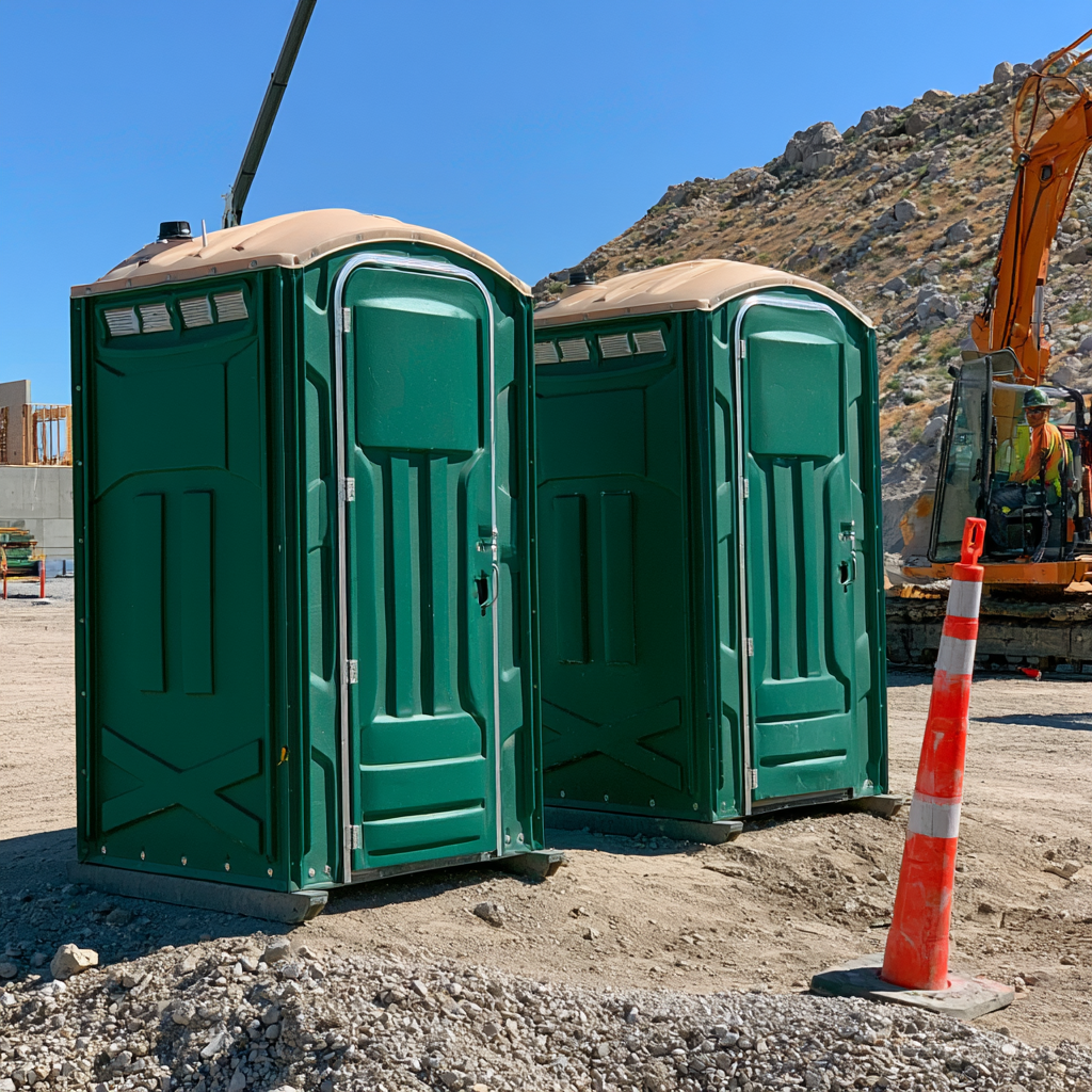 Two standard portable toilets on a construction site