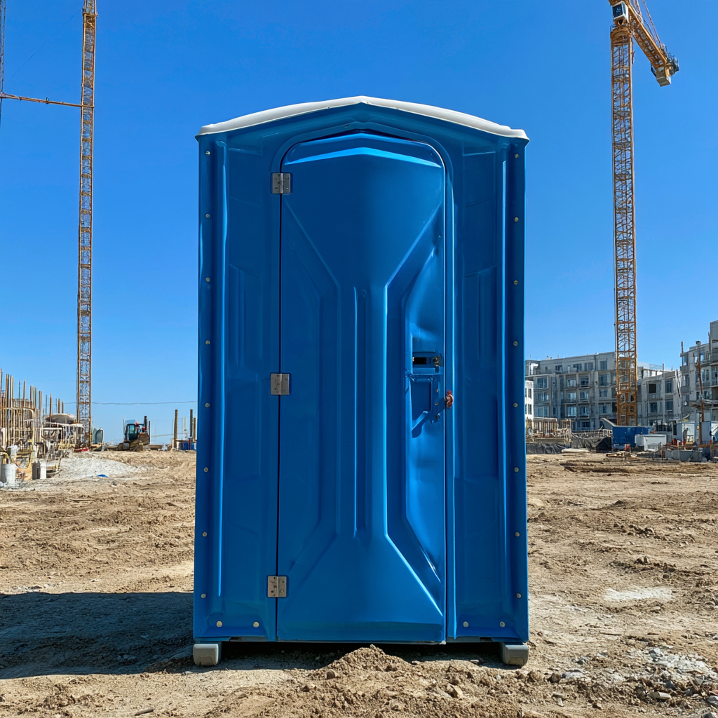 Porta potty placed on level ground on a construction site