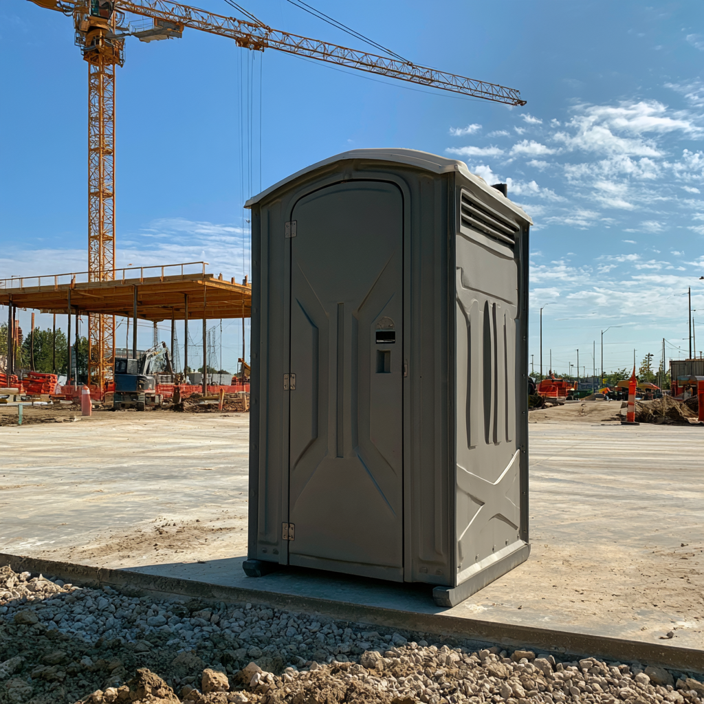 A porta potty on flat concrete in front of a building under construction