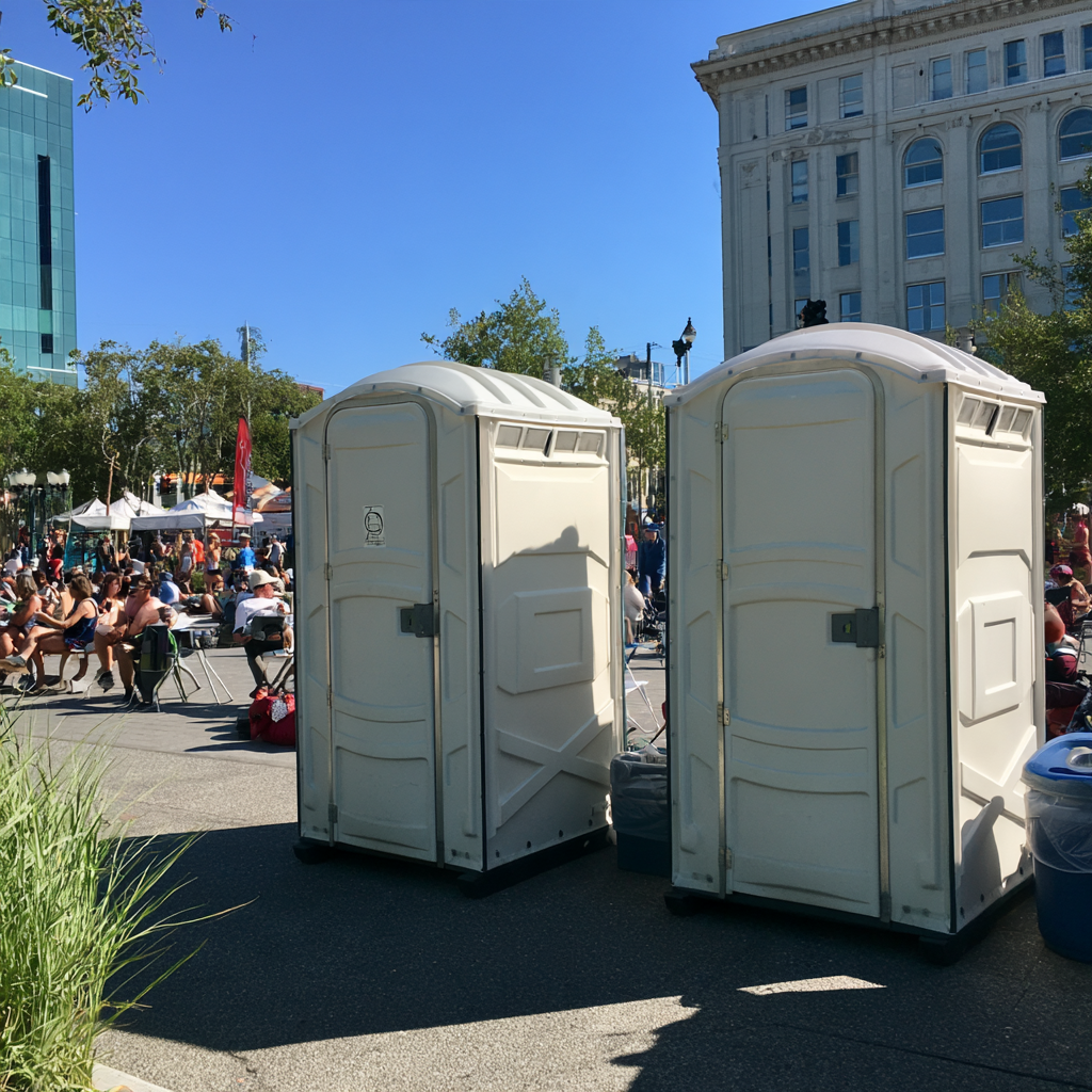 Two portable toilets in front of an outdoor event downtown