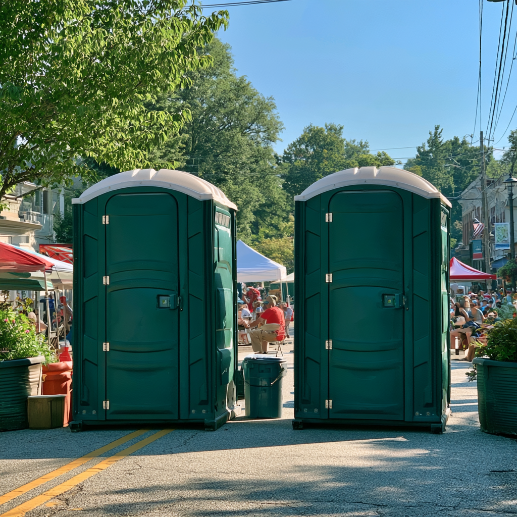 Two portable toilets in front of an outdoor festival