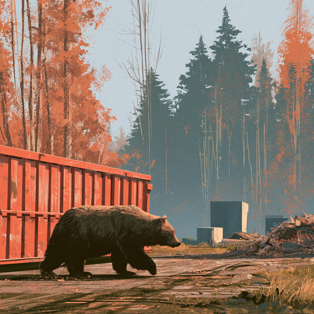 A bear walking towards a dumpster on a construction site in the woods