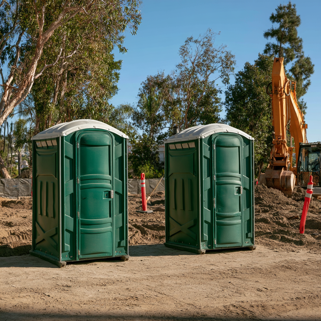 Two portable toilets in front of an excavator on a construction site