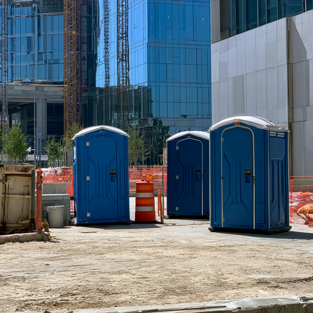 Three porta potties on a construction site in a downtown area