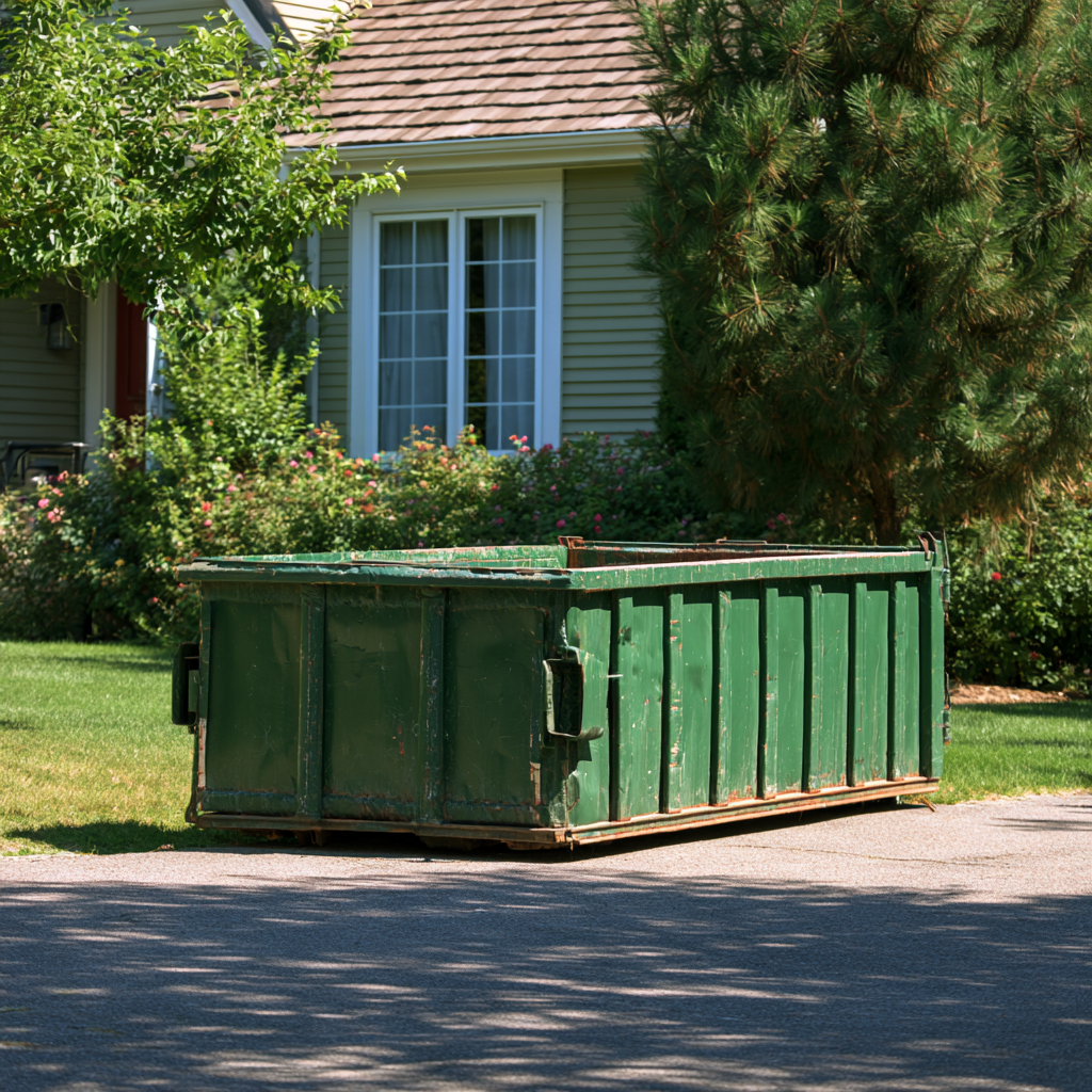 A 20-yard dumpster in front of a house on moving day