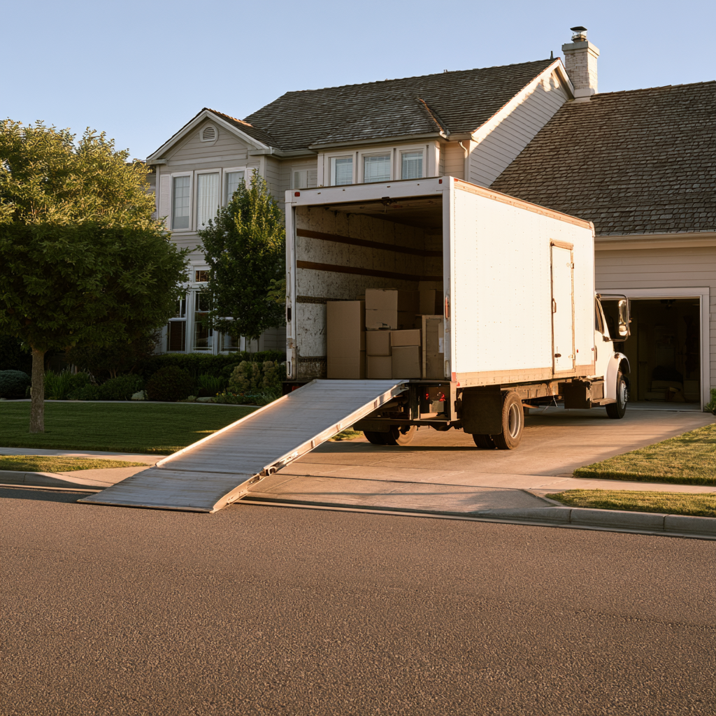 A moving truck in front of a house