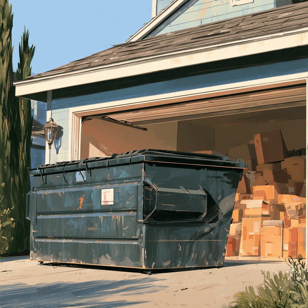 a 10-yard dumpster in the driveway of a house on moving day