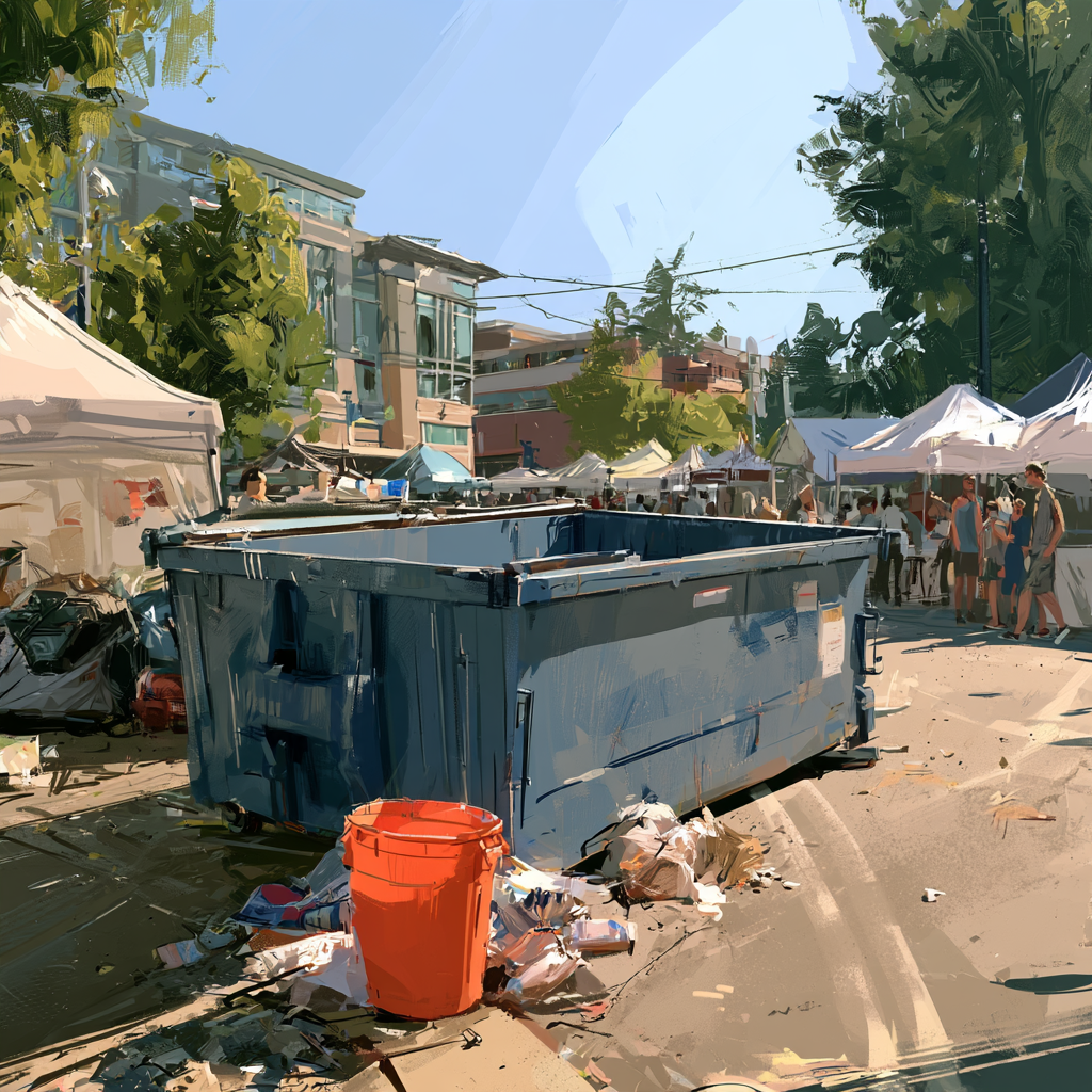 A 20-yard rolloff dumpster in front of a festival downtown