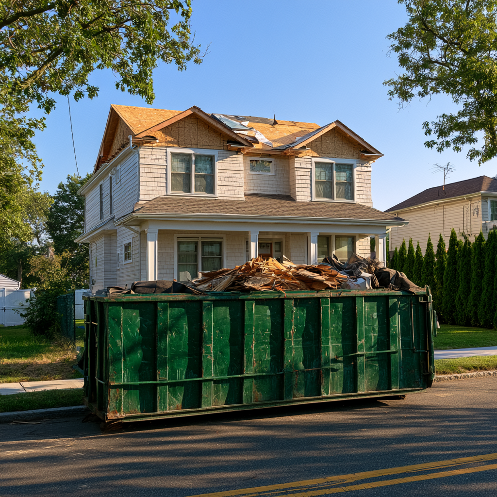 A dumpster in the street with debris from a home renovation