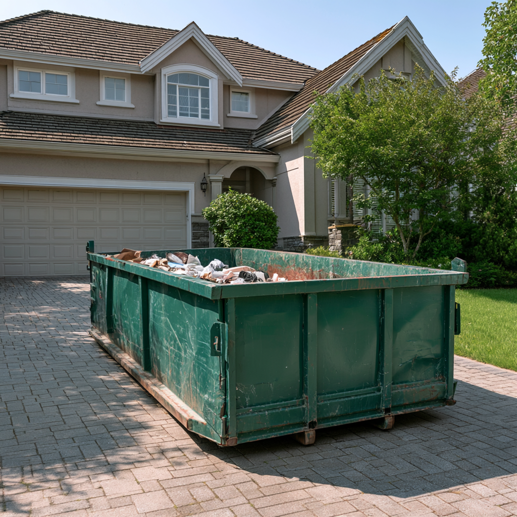 A 20-yard dumpster in the driveway of house