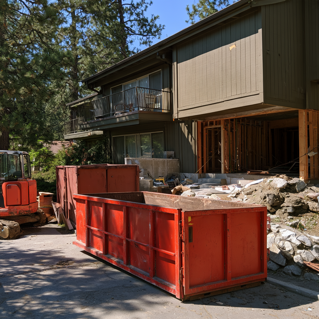 An open dumpster in front of a condo undergoing renovation