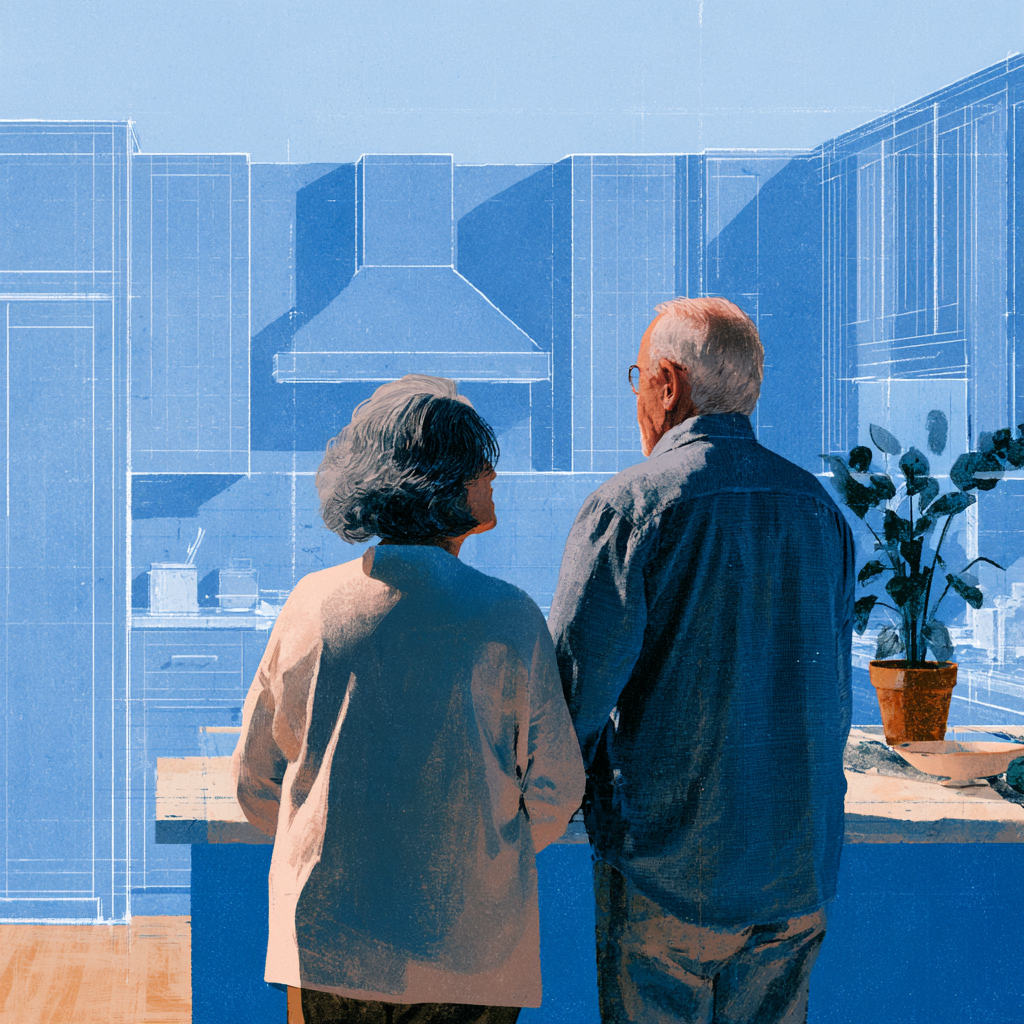 Two seniors looking at a blueprint-like image of their kitchen remodel