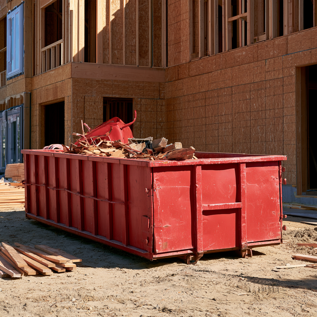 A full 20-yard dumpster in front of a home under construction