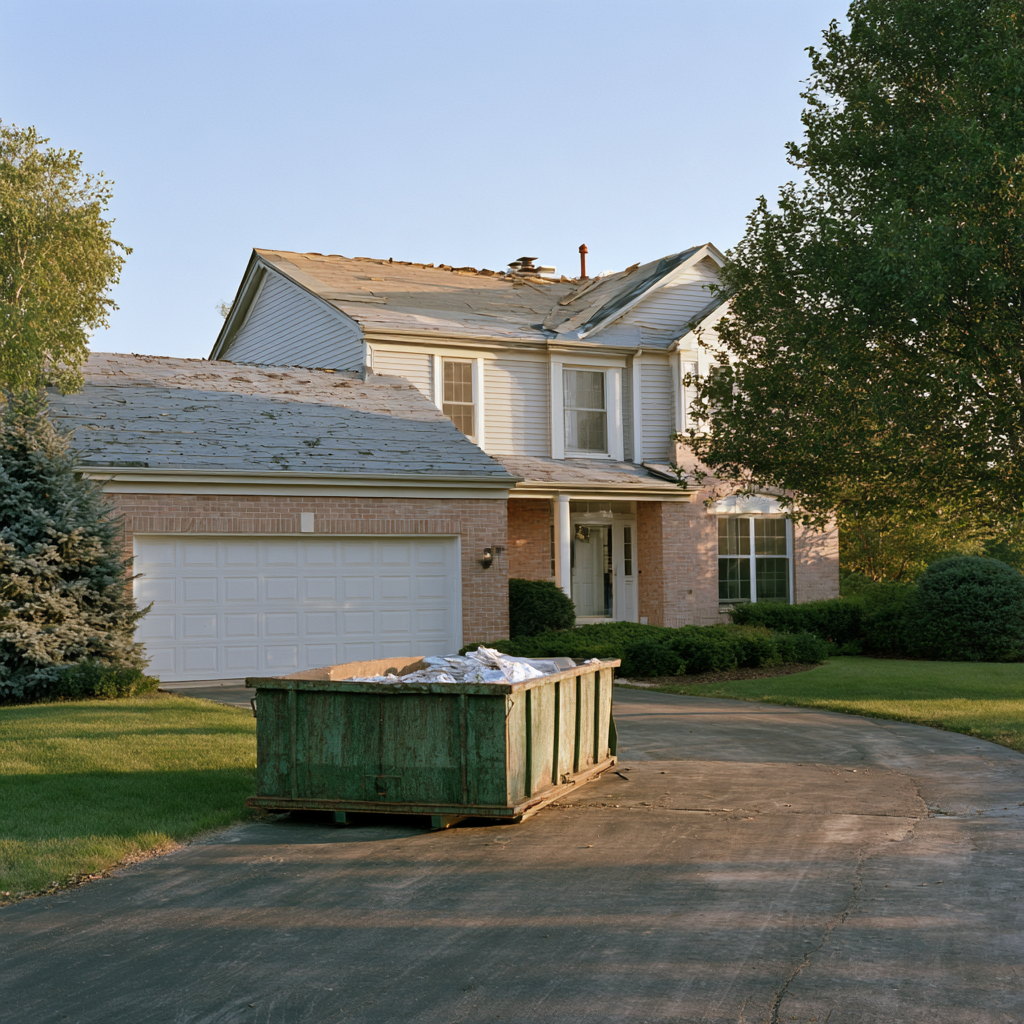 A dumpster in the driveway of a residential home