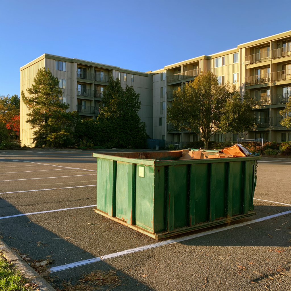 A rented dumpster in the parking lot of an apartment complex