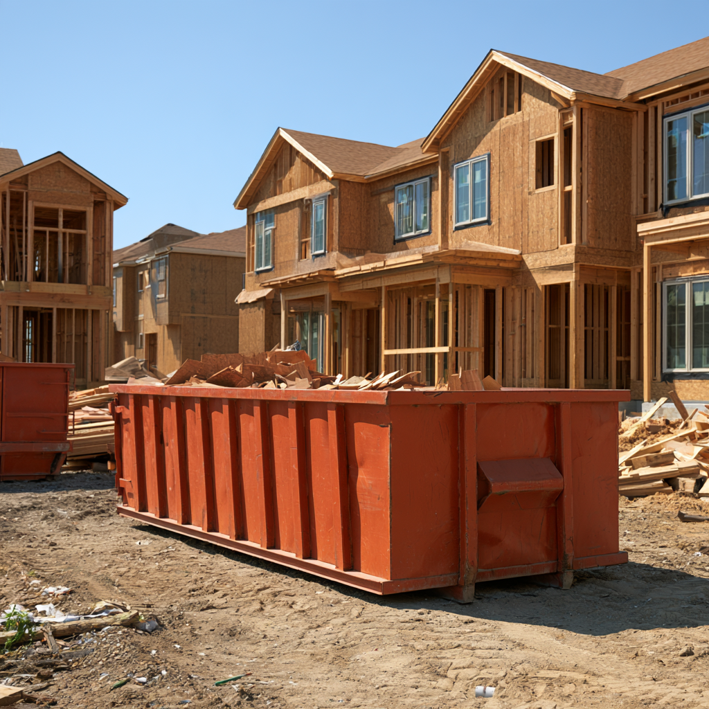 A dumpster in front of a home in the framing stage