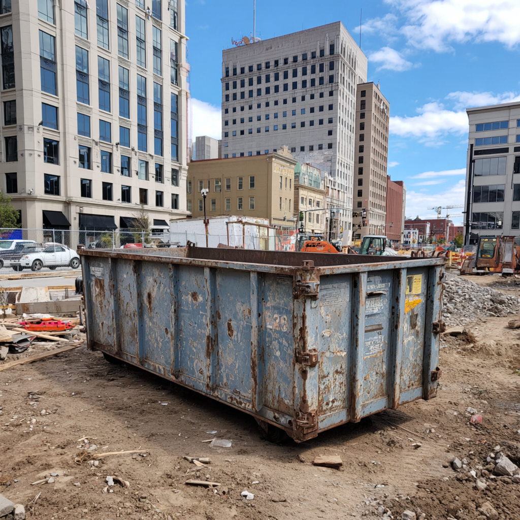 Downtown Springfield Illinois construction site with 20-yard dumpster