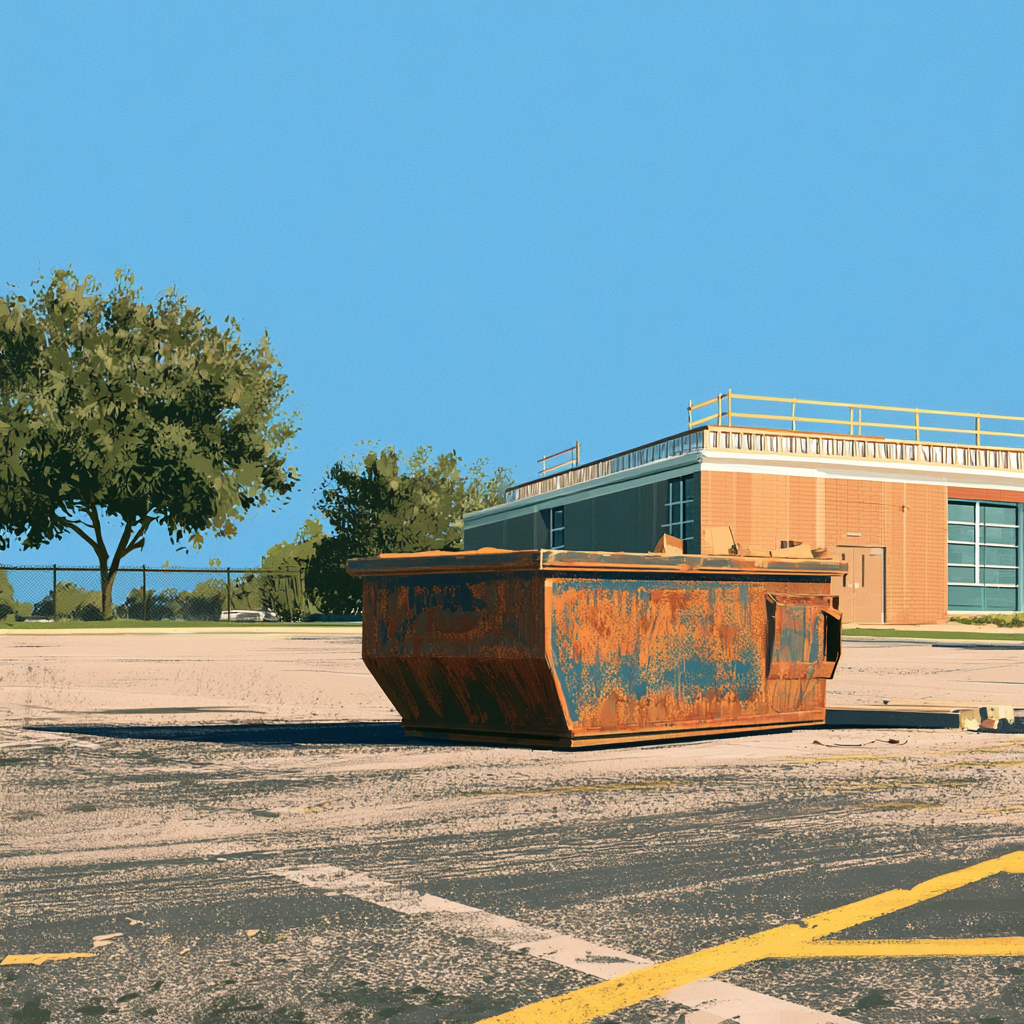 A donated dumpster in front of an elementary school