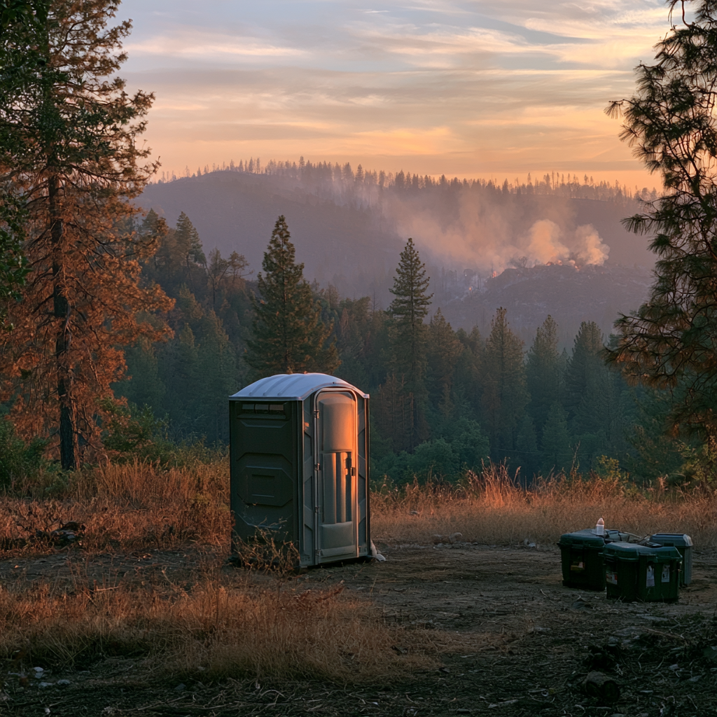 A porta potty and camping equipment in a clearing before a forest fire in the hills