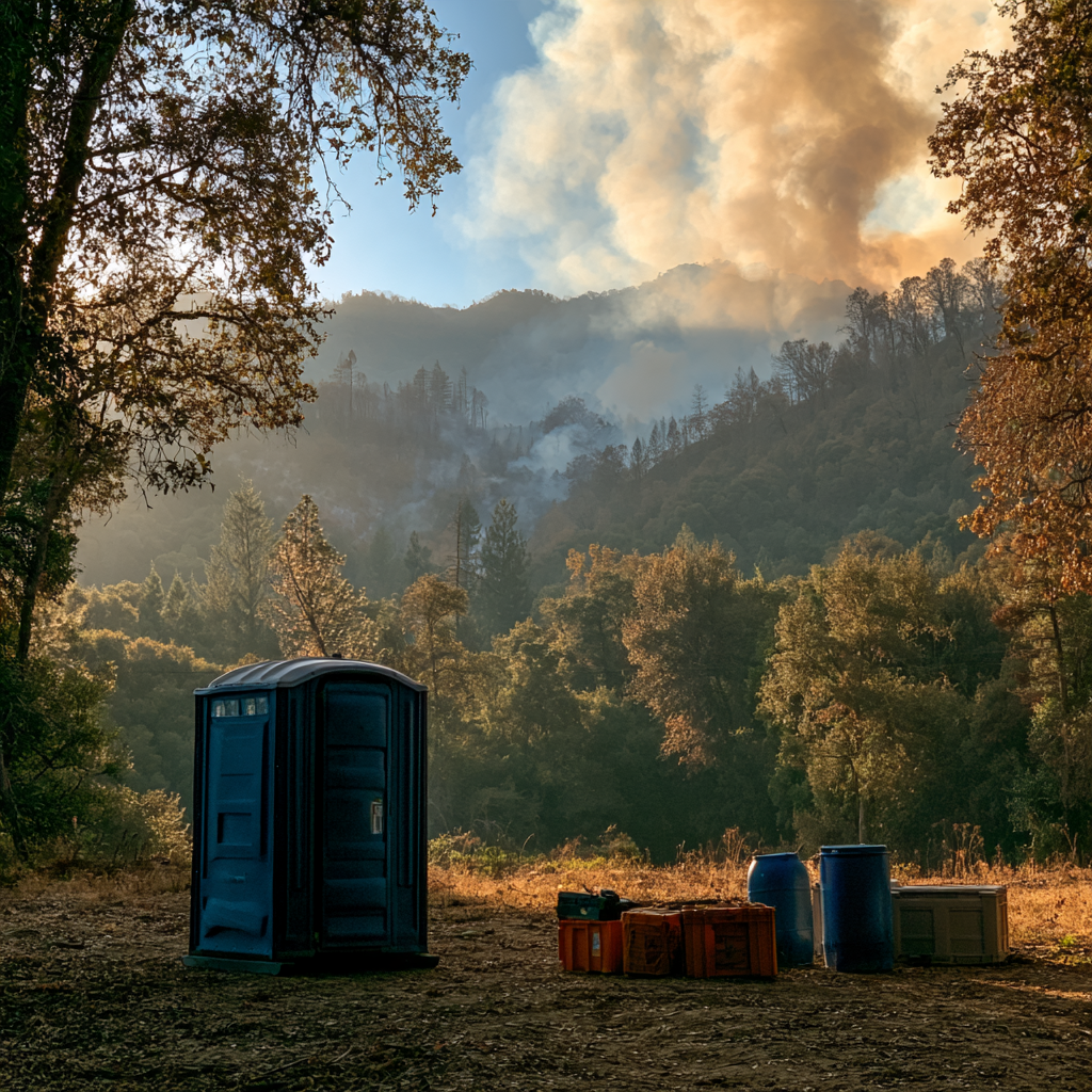 A porta potty in a clearing in front of a forest fire in the hills