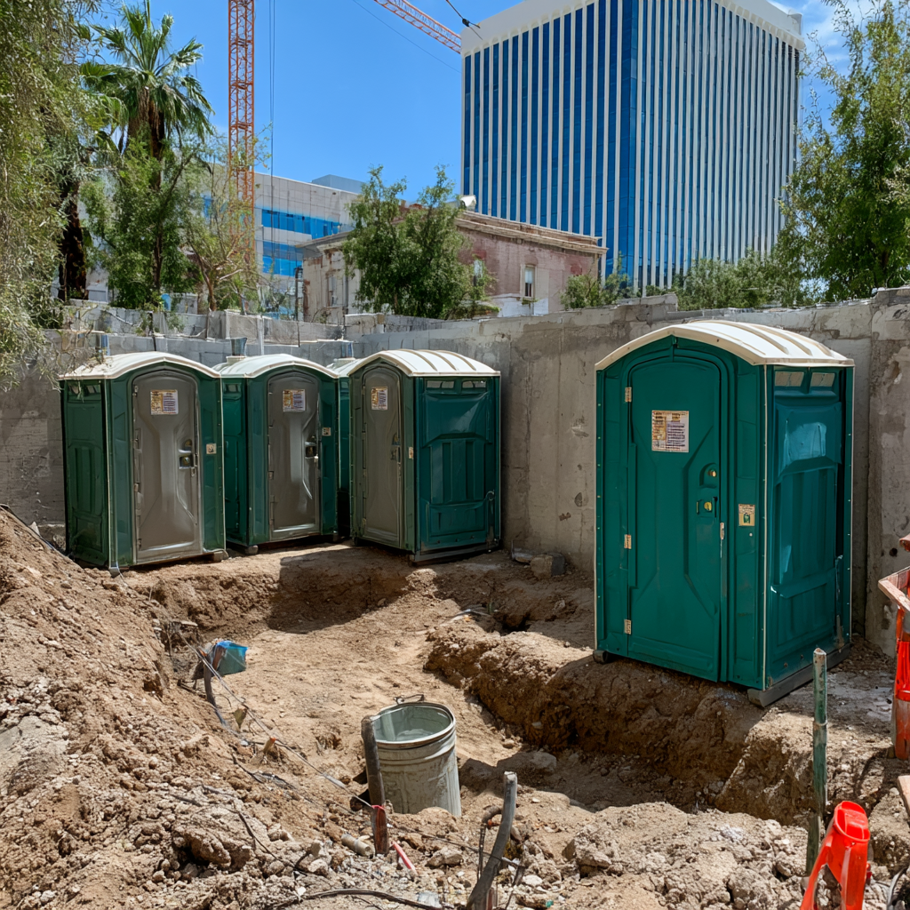 four standard porta potties on a construction site in Tucson, Arizona