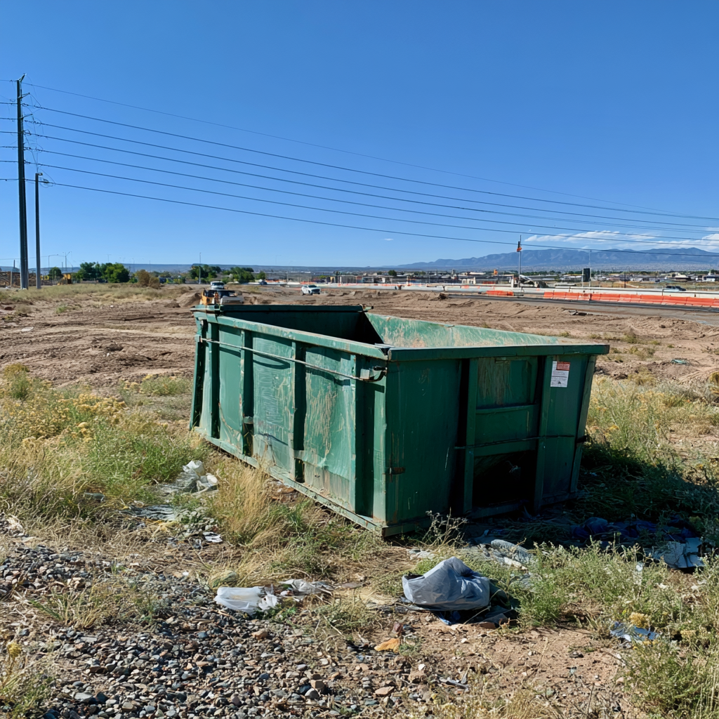 Dumpster near road construction in Albuquerque, New Mexico