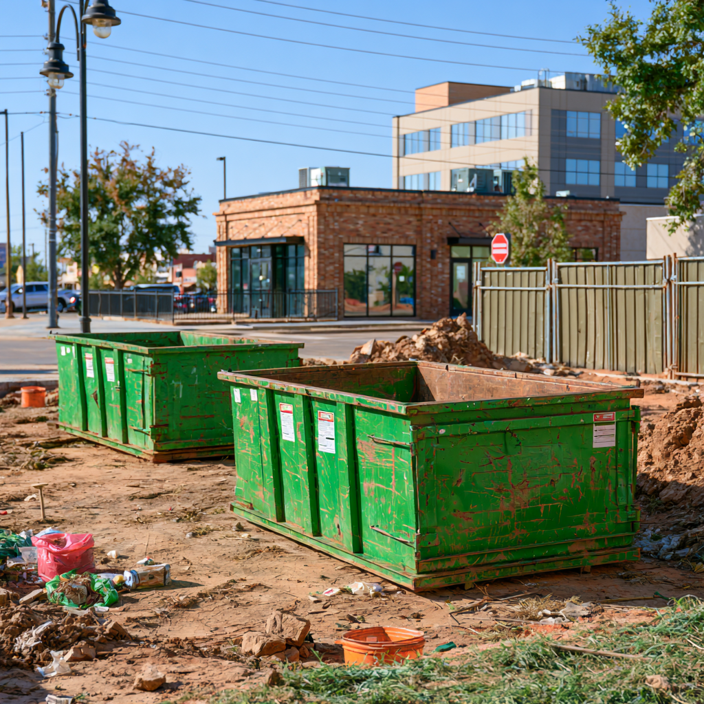 Two 20-yard dumpsters on a construction site in downtown Edmond, Oklahoma