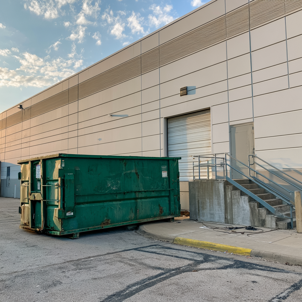 20-yard dumpster near a loading dock at a concert venue in Arlington, Texas