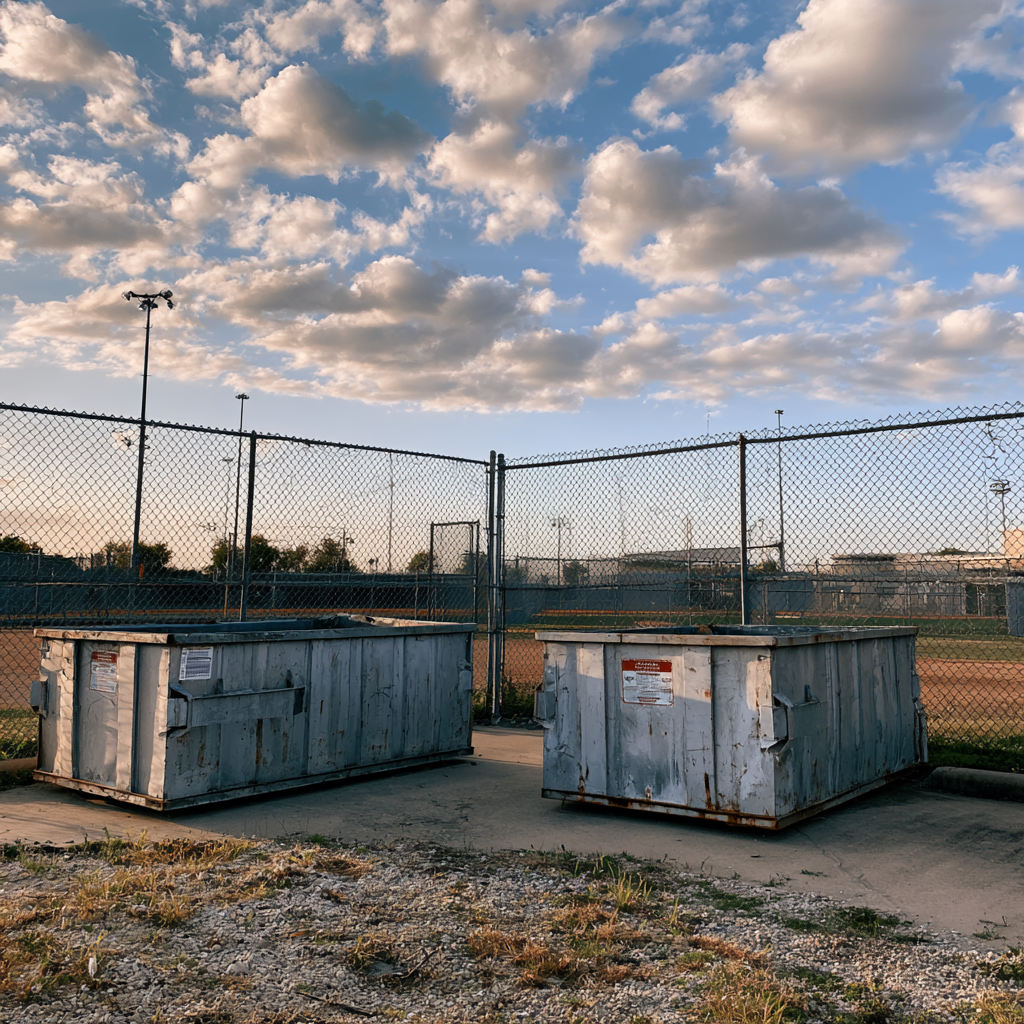 2 20-yard rented dumpsters near a perimeter fence for a sporting event