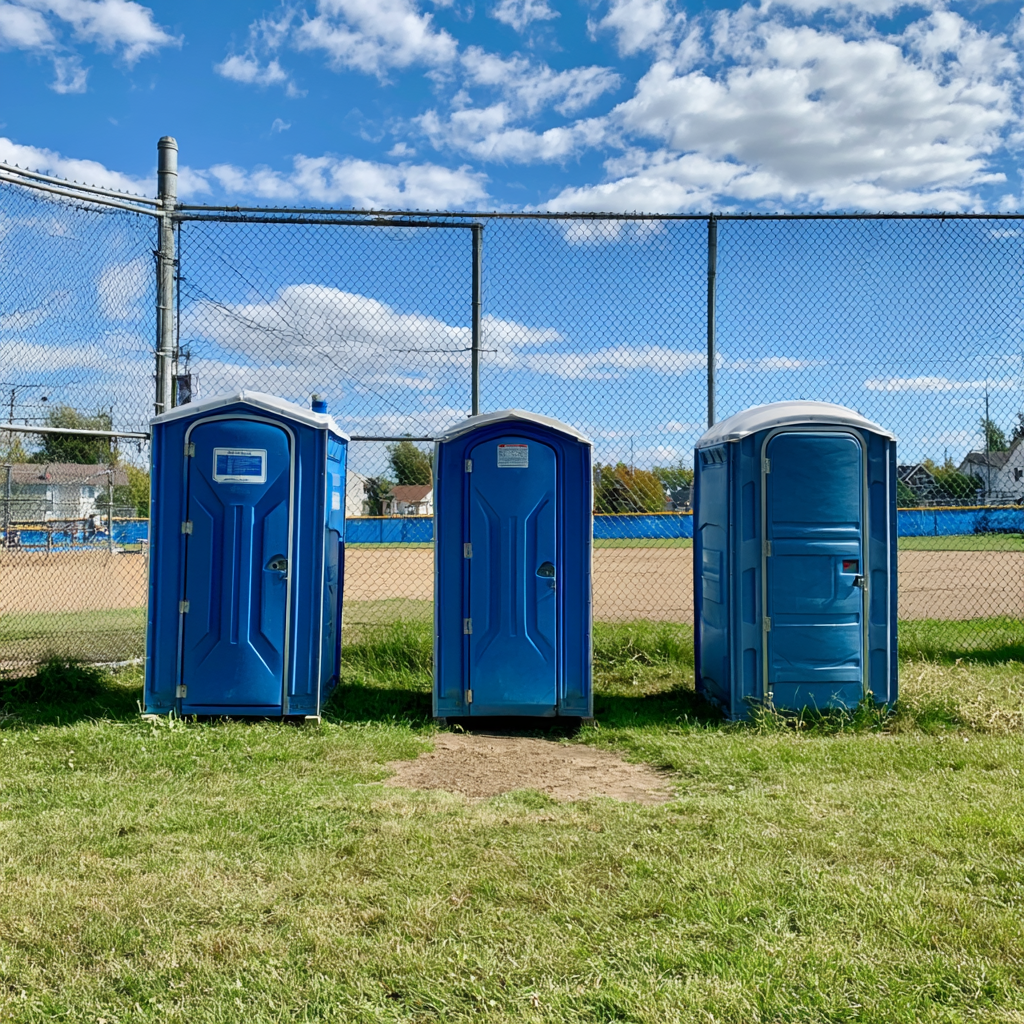 Porta potties on a baseball field in Arlington, Texas
