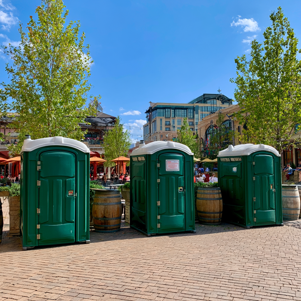 Three standard porta potties at an outdoor event in Arlington, Texas