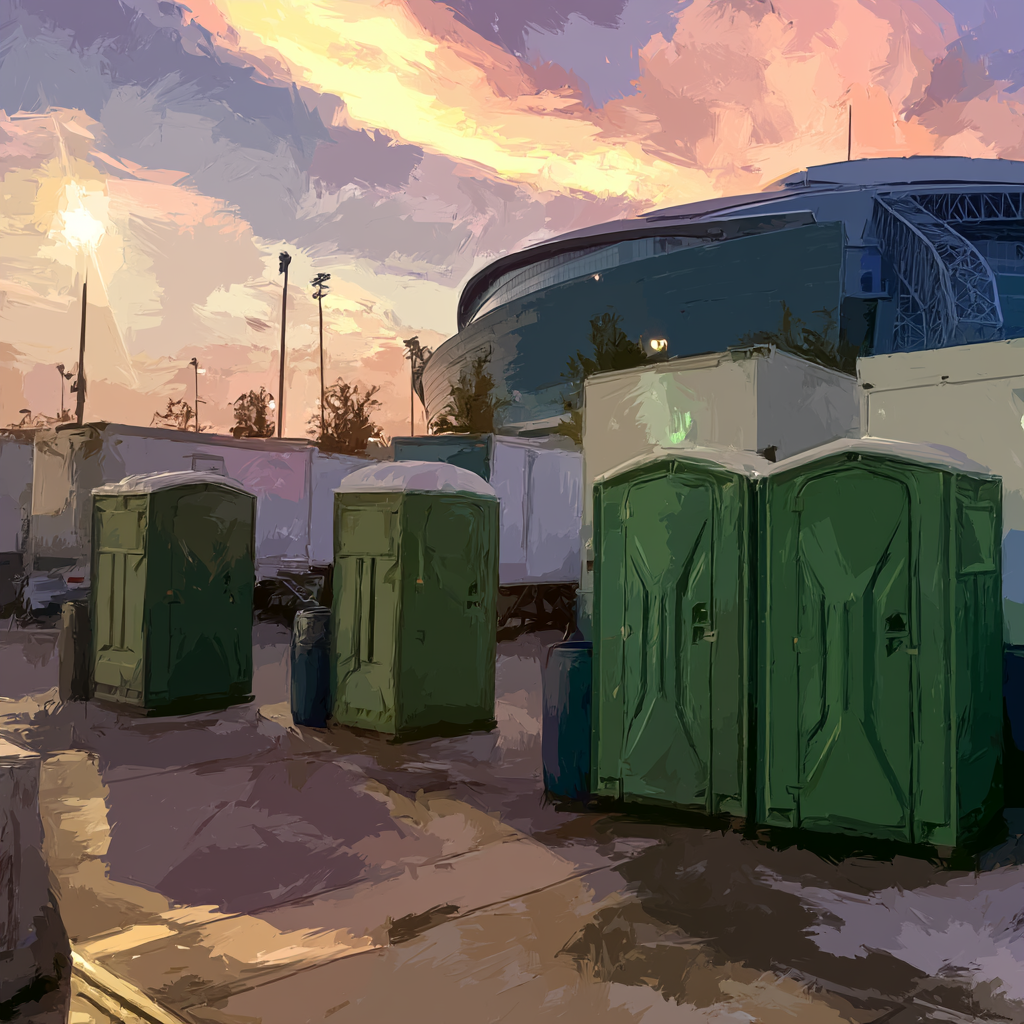 Four standard portable toilets outside an amphitheater
