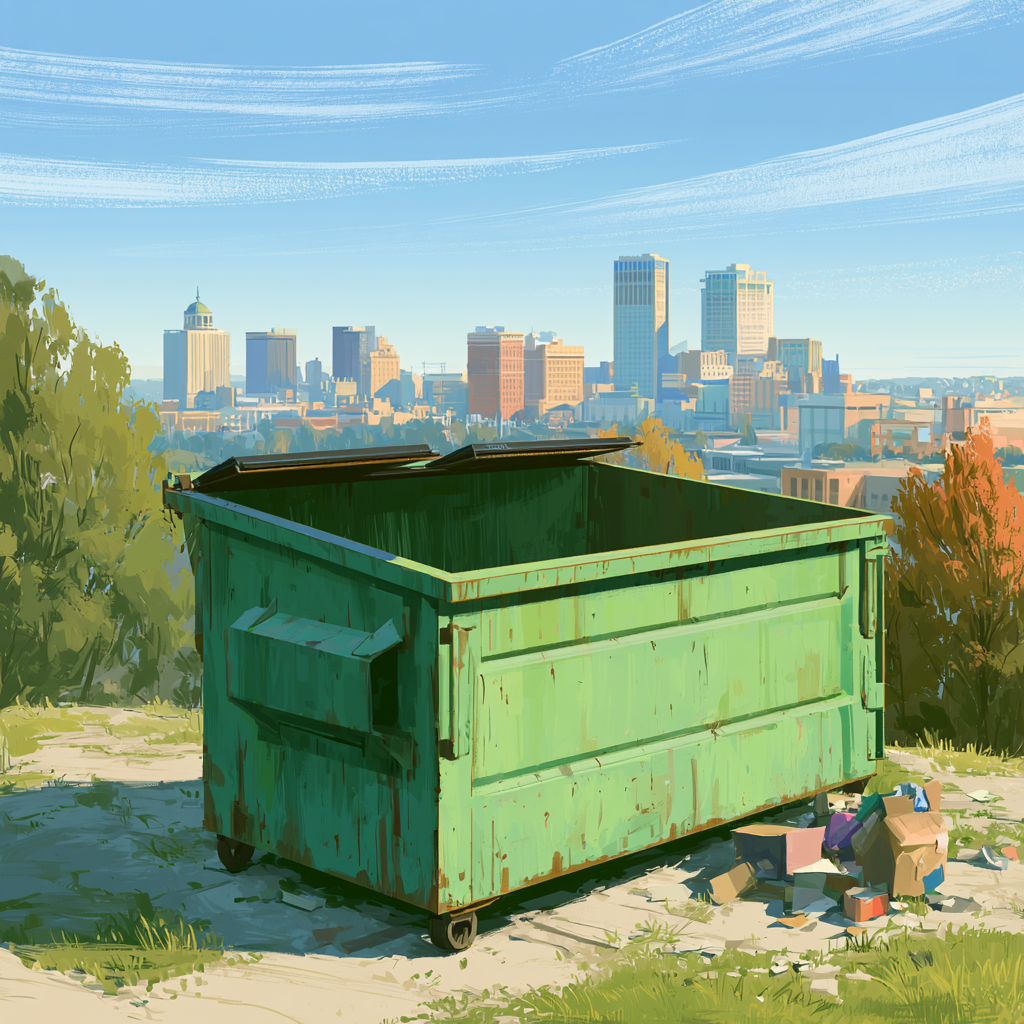 A dumpster in front of the Jackson, MS skyline