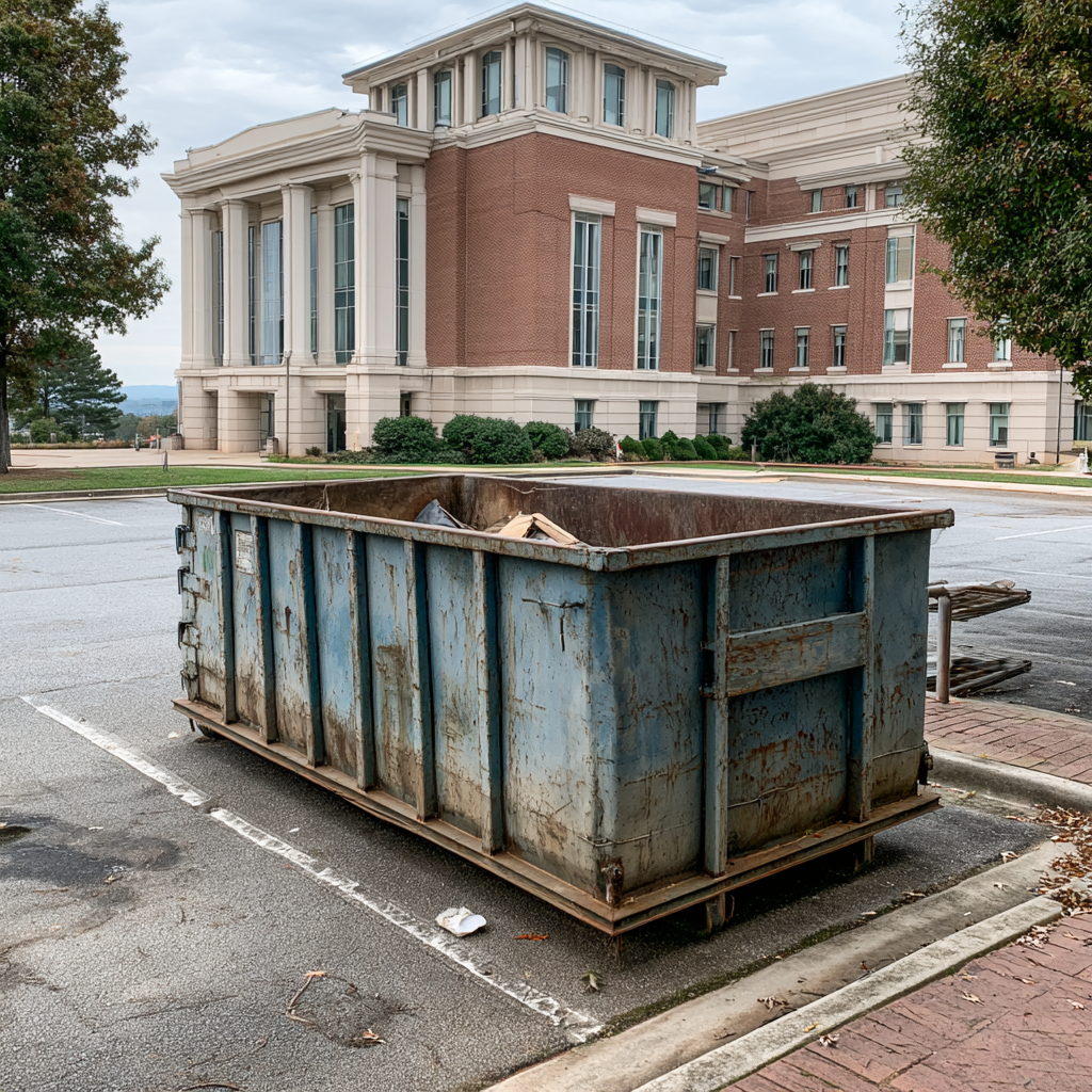 A 20-yard dumpster in front of a campus building in Anderson, SC