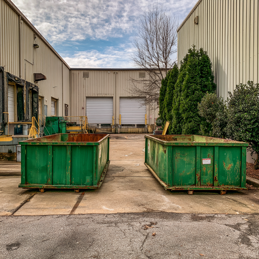Two 20-yard dumpsters in front of a manufacturing plant in Anderson, SC
