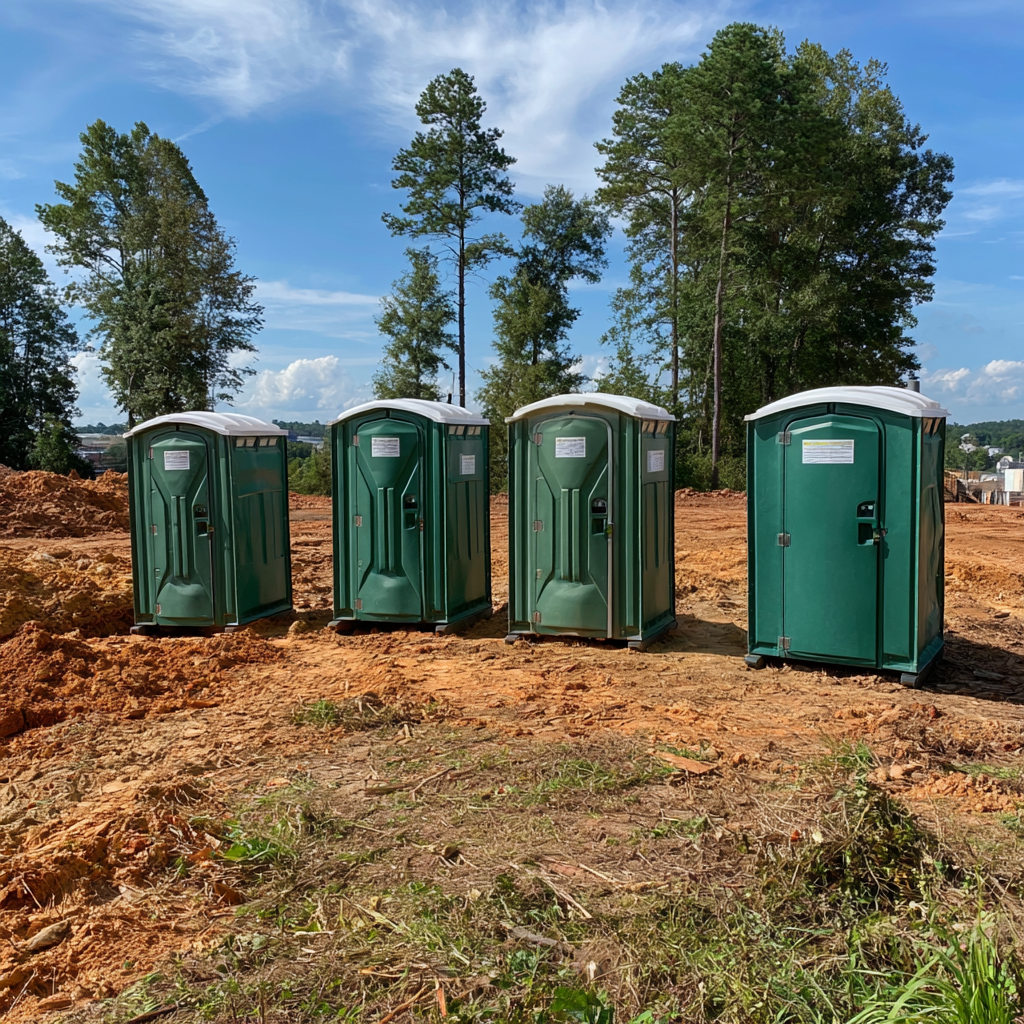 Four porta potties on a jobsite in Anderson, SC