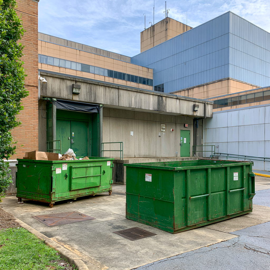 Two large roll off dumpsters outside of the loading docks of a medical facility in Little Rock
