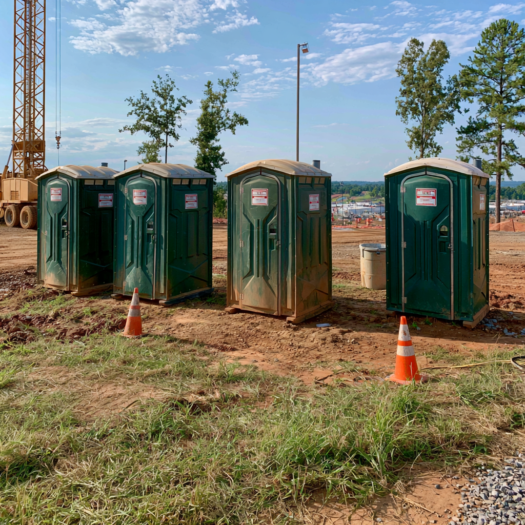 Four standard porta potties on a jobsite